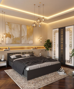 Dormitor Zoe Gold Gri Dulap si Pat cu 2 Noptiere