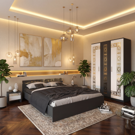 Dormitor Zoe Gold Gri Dulap si Pat cu 2 Noptiere