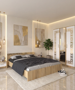 Dormitor Zoe Gold Sonoma Dulap Cu Oglinda si Pat cu 2 Noptiere
