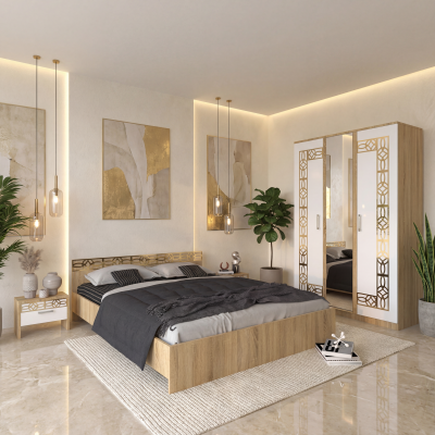 Dormitor Zoe Gold Sonoma Dulap Cu Oglinda si Pat cu 2 Noptiere