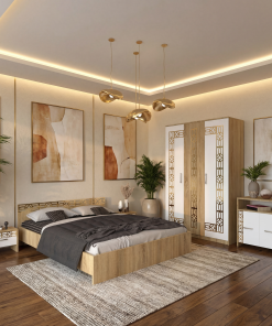 Dormitor Zoe Gold Sonoma Dulap Pat cu 2 noptiere si Comoda