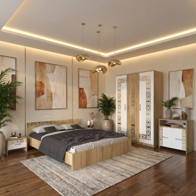 Dormitor Zoe Gold Sonoma Dulap Pat cu 2 noptiere si Comoda