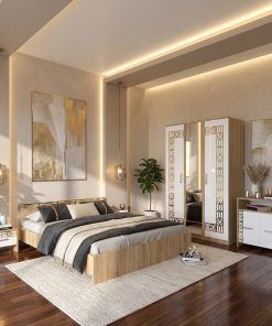 Dormitor Zoe Gold Sonoma Dulap cu Oglinda Pat cu 2 noptiere si Comoda