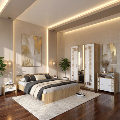 Dormitor Zoe Gold Sonoma Dulap cu Oglinda Pat cu 2 noptiere si Comoda