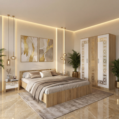 Dormitor Zoe Gold Sonoma Dulap si Pat cu 2 Noptiere