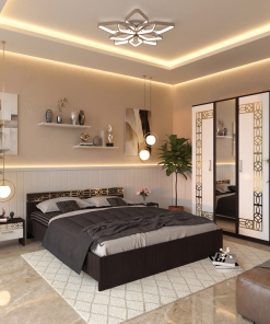 Dormitor Zoe Gold Wenge Dulap Cu Oglinda si Pat cu 2 Noptiere