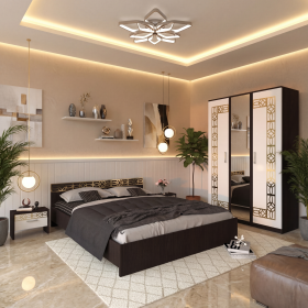 Dormitor Zoe Gold Wenge Dulap Cu Oglinda si Pat cu 2 Noptiere