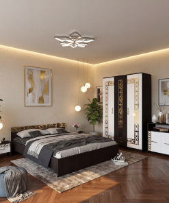 Dormitor Zoe Gold Wenge Dulap Pat cu 2 noptiere si Comoda