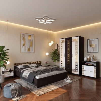 Dormitor Zoe Gold Wenge Dulap Pat cu 2 noptiere si Comoda