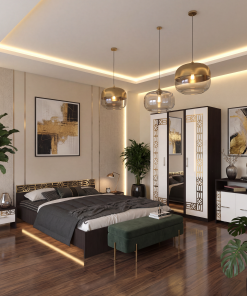 Dormitor Zoe Gold Wenge Dulap cu Oglinda Pat cu 2 noptiere si Comoda