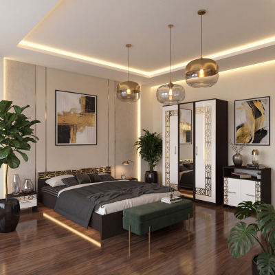 Dormitor Zoe Gold Wenge Dulap cu Oglinda Pat cu 2 noptiere si Comoda