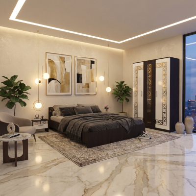 Dormitor Zoe Gold Wenge Dulap si Pat cu 2 Noptiere