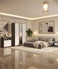 Dormitor Zoe Gri Sifonier cu Oglinda si Pat cu 2 Noptiere Si Comoda