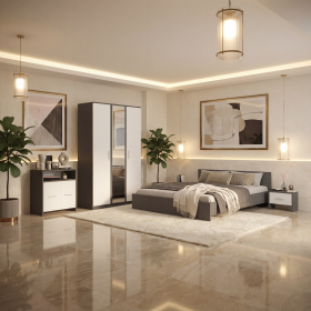 Dormitor Zoe Gri Sifonier cu Oglinda si Pat cu 2 Noptiere Si Comoda