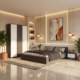 Dormitor Zoe Gri  Sifonier si pat cu 2 noptiere