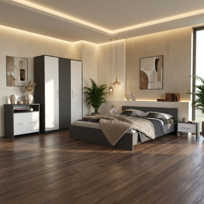 Dormitor Zoe Gri cu Comoda Dressing si 2 noptiere