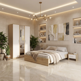 Dormitor Zoe Sonoma Sifonier cu Oglinda si Pat cu 2 Noptiere