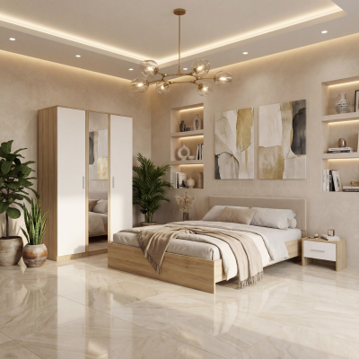 Dormitor Zoe Sonoma Sifonier cu Oglinda si Pat cu 2 Noptiere