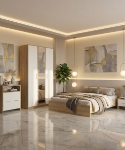 Dormitor Zoe Sonoma Sifonier cu Oglinda si Pat cu 2 Noptiere Si Comoda