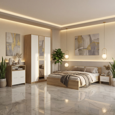 Dormitor Zoe Sonoma Sifonier cu Oglinda si Pat cu 2 Noptiere Si Comoda