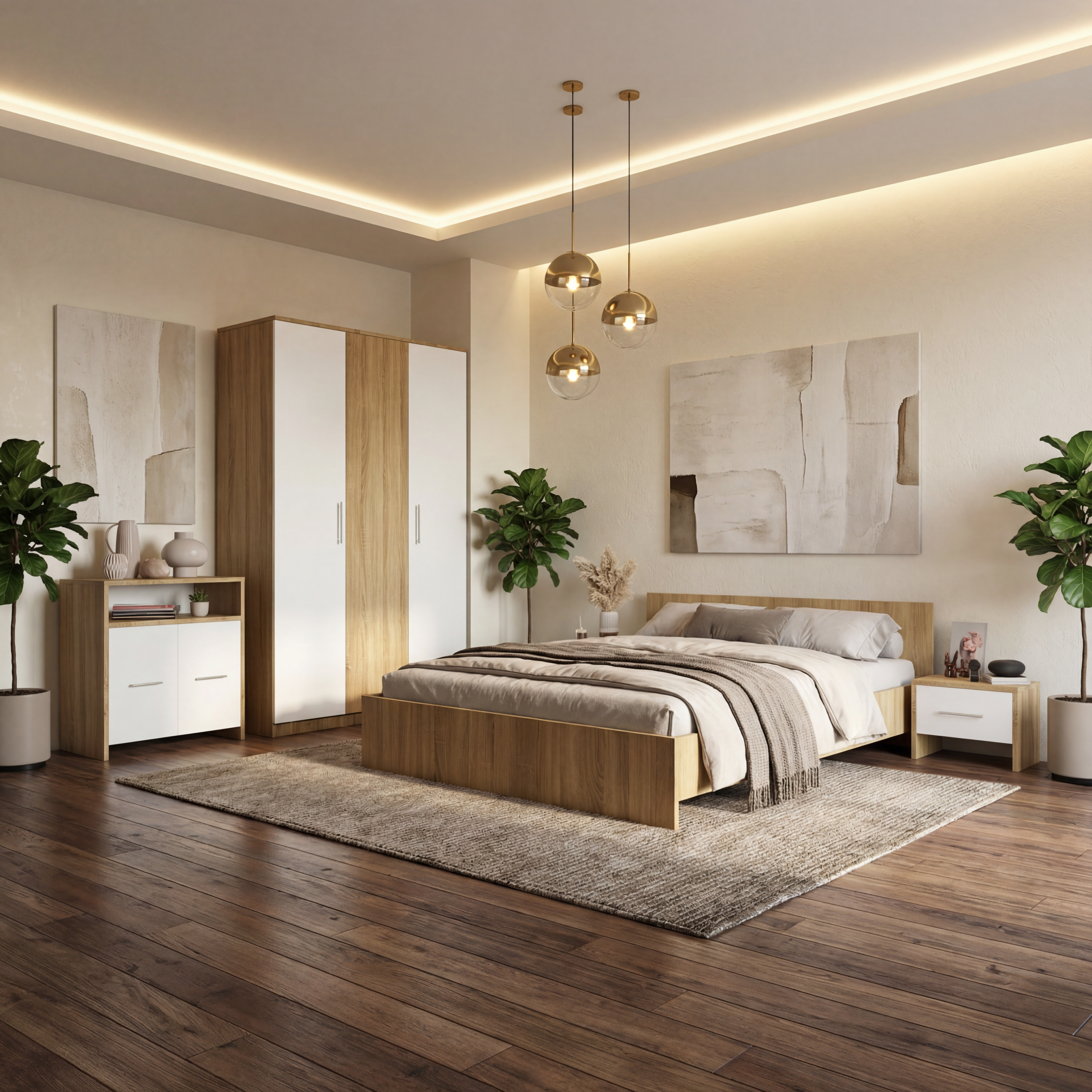 Dormitor Zoe Sonoma cu Comoda Dressing si 2 noptiere