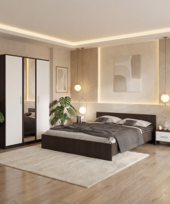 Dormitor Zoe Gri cu Sifonier cu Oglinda si Pat cu 2 Noptiere