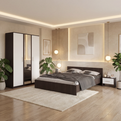 Dormitor Zoe Wenge Sifonier cu Oglinda si Pat cu 2 Noptiere