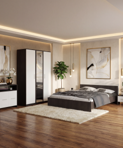 Dormitor Zoe Wenge Sifonier cu Oglinda si Pat cu 2 Noptiere Si Comoda