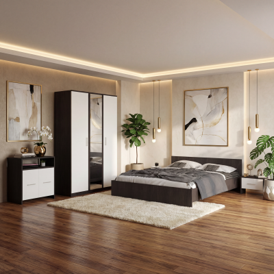 Dormitor Zoe Wenge Sifonier cu Oglinda si Pat cu 2 Noptiere Si Comoda