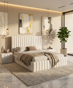 Pat Adela Alb Catifea Premium Cu Noptiere Tapitate