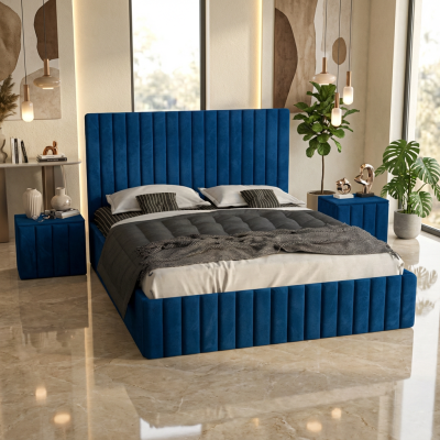 Pat Adela Albastru Catifea Premium cu Noptiere Tapitate
