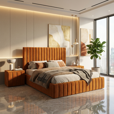 Pat Adela Caramiziu Catifea Premium Cu Noptiere Tapitate