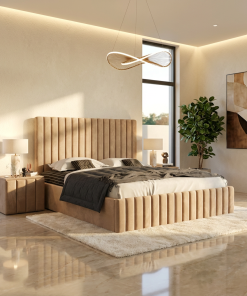 Pat Adela Crem Catifea Premium cu Noptiere Tapitate