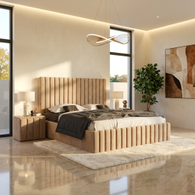 Pat Adela Crem Catifea Premium cu Noptiere Tapitate