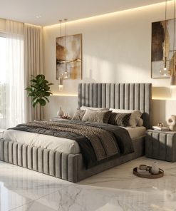 Pat Adela Gri Catifea Premium cu Noptiere Tapitate