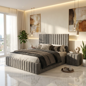 Pat Adela Gri Catifea Premium cu Noptiere Tapitate