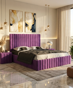 Pat Adela Mov Catifea Premium cu Noptiere Tapitate