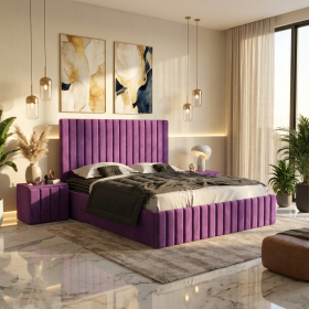 Pat Adela Mov Catifea Premium cu Noptiere Tapitate