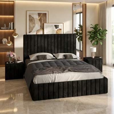 Pat Adela Negru Catifea Premium Cu Noptiere Tapitate