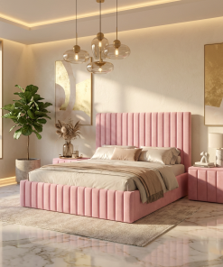 Pat Adela Roz Catifea Premium Cu Noptiere Tapitate