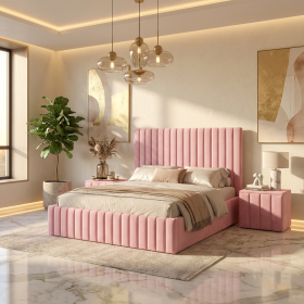 Pat Adela Roz Catifea Premium Cu Noptiere Tapitate