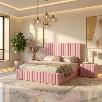 Pat Adela Roz Catifea Premium Cu Noptiere Tapitate