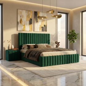 Pat Adela Verde Catifea Premium cu Noptiere Tapitate