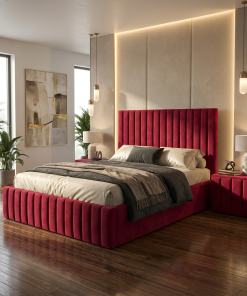 Pat Adela Visiniu Catifea Premium cu Noptiere Tapitate