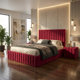 Pat Adela Visiniu Catifea Premium cu Noptiere Tapitate