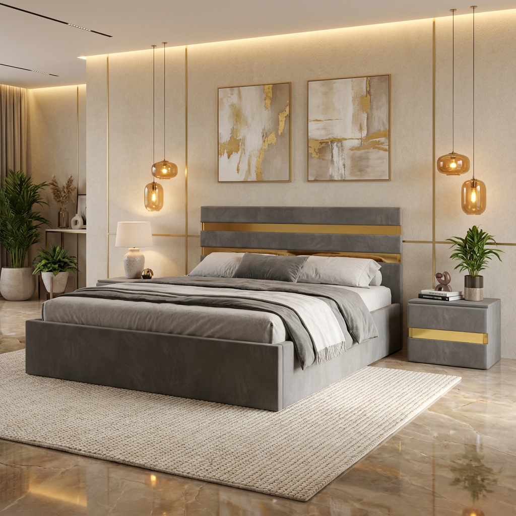 Pat Tapitat Adria Gri Cu Noptiere Tapitate