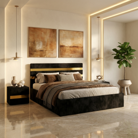 Pat Tapitat Adria Negru Cu Noptiere Tapitate