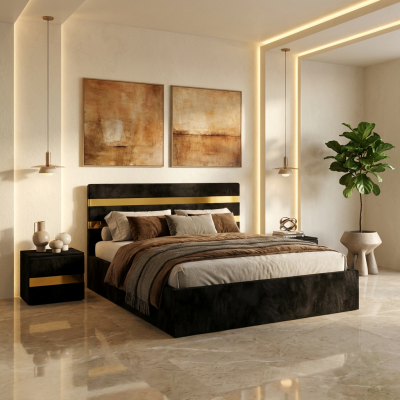 Pat Tapitat Adria Negru Cu Noptiere Tapitate