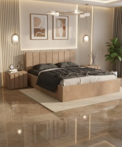 Pat Tapitat Aura Crem Catifea Premium cu Noptiere Tapitate