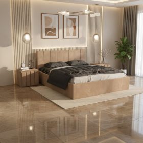 Pat Tapitat Aura Crem Catifea Premium cu Noptiere Tapitate